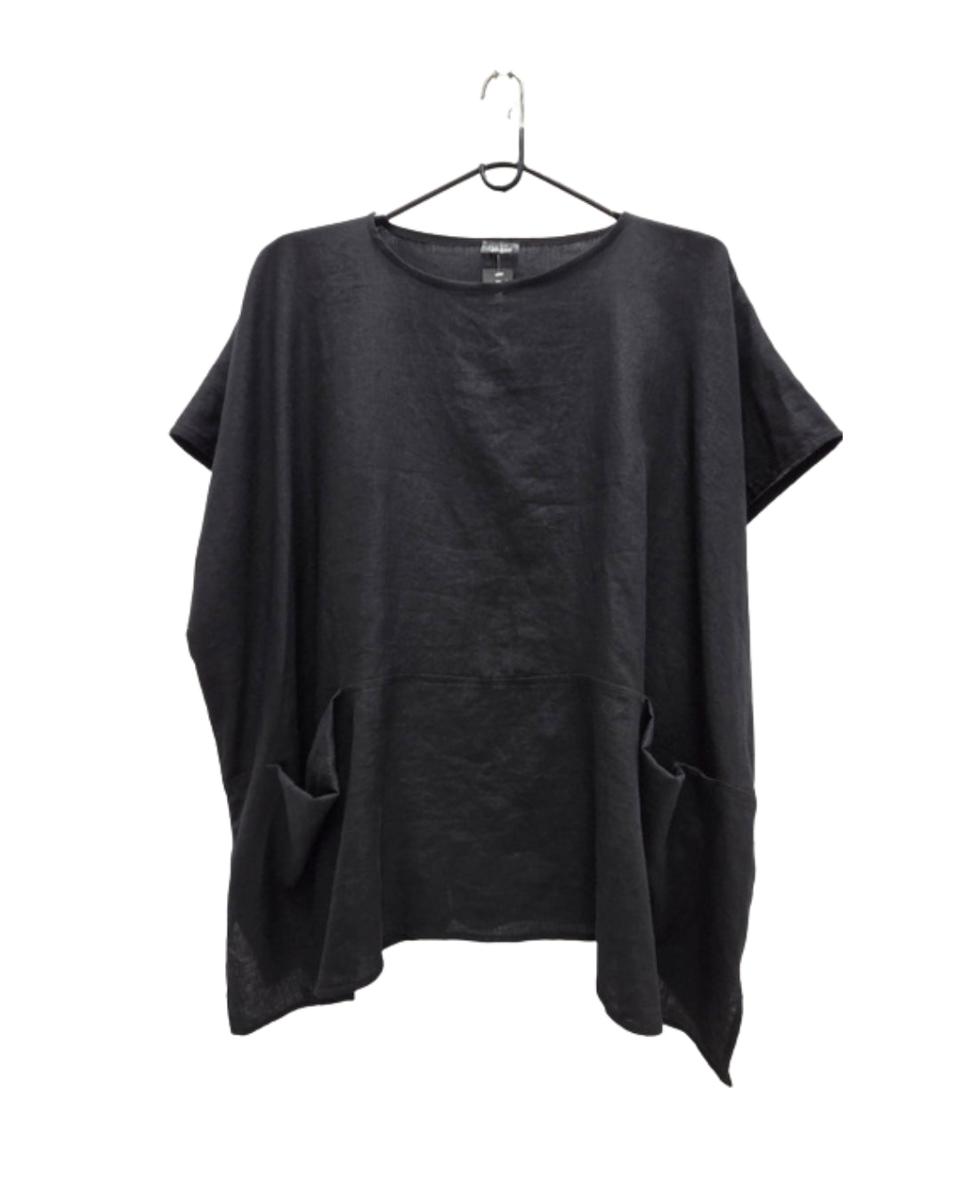 Front view of the jen kahn Linen Pocket Top in Black on a hanger, showing the round neckline, short sleeves and seam-set front pockets.