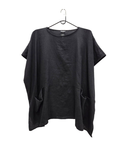 Front view of the jen kahn Linen Pocket Top in Black on a hanger, showing the round neckline, short sleeves and seam-set front pockets.