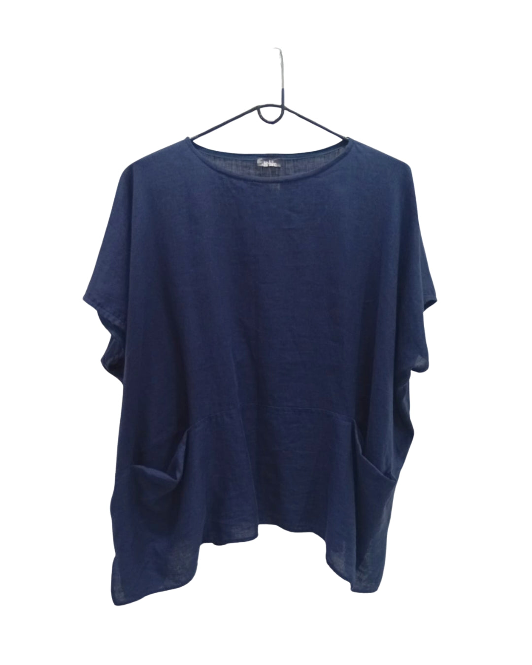 Front view of the Jen Kahn Linen Pocket Top in Eclipse on a hanger, showing the short sleeves, generous front pockets and relaxed silhouette.
