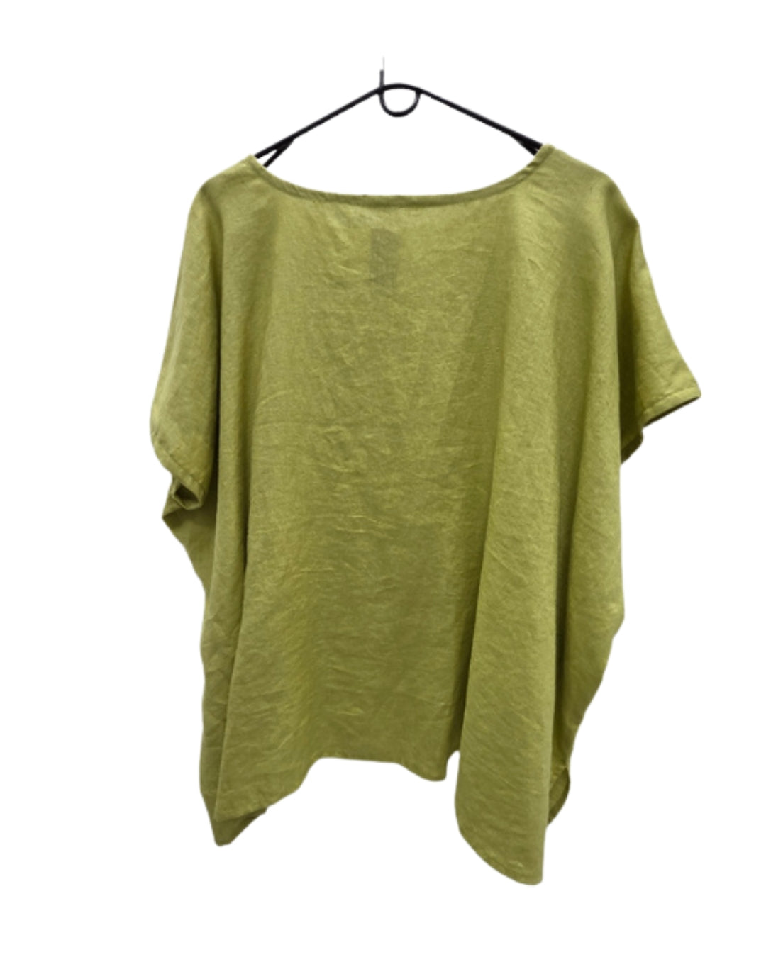 Back view of the Jen Kahn Linen Pocket Top in Pistachio on a hanger, showing the relaxed shape, short sleeves and softly draped hem.