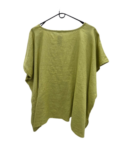 Back view of the Jen Kahn Linen Pocket Top in Pistachio on a hanger, showing the relaxed shape, short sleeves and softly draped hem.