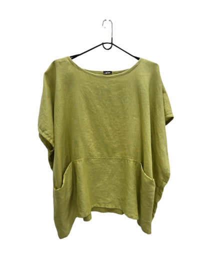Front view of the Jen Kahn Linen Pocket Top in Pistachio on a hanger, showing the round neckline and two oversized front pockets.