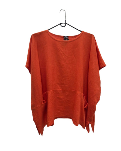 Front view of the Jen Kahn Linen Pocket Top in Tangerine on a hanger, showing the short sleeves, generous front pockets and relaxed silhouette.