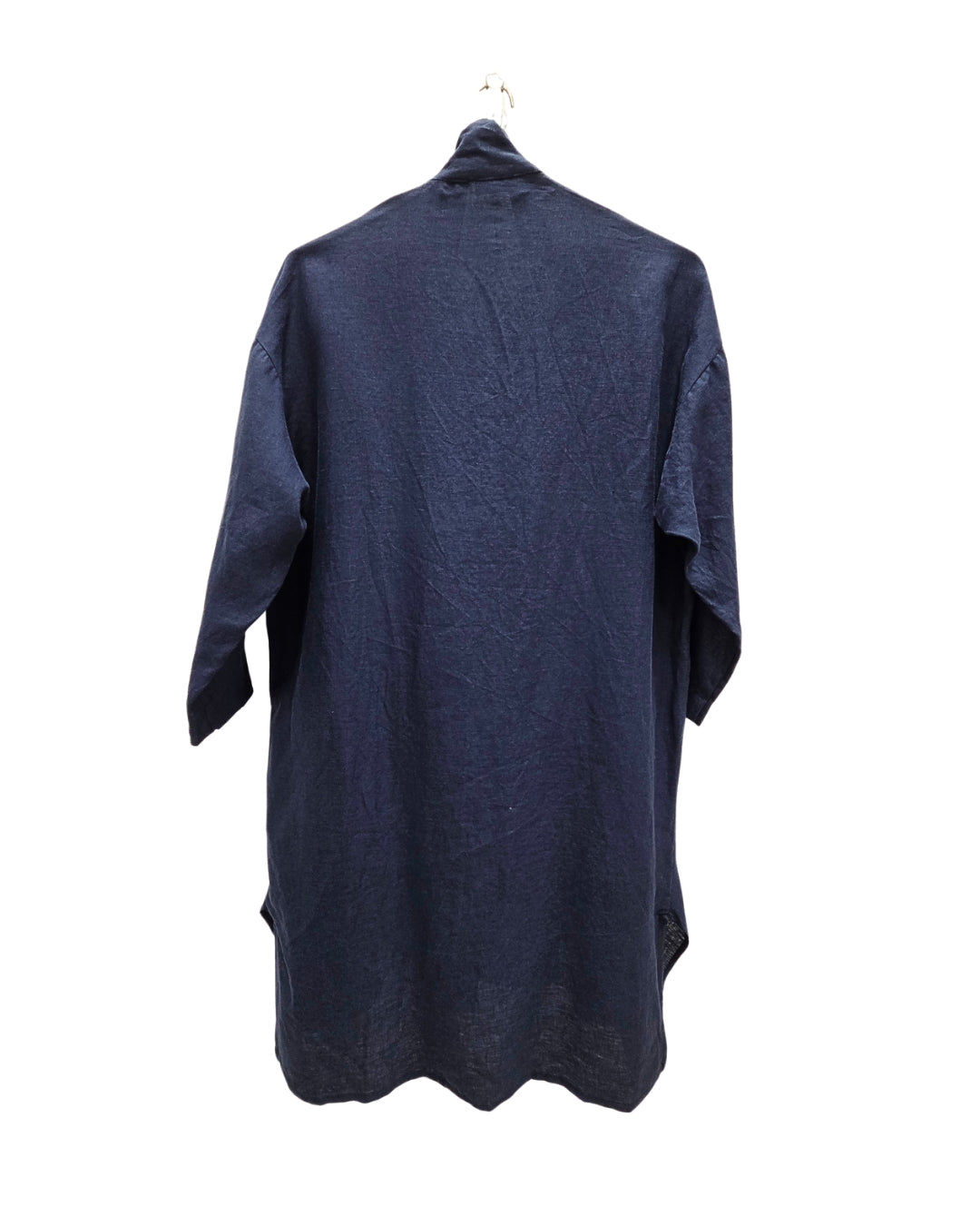 Back view of the jen kahn Linen Shirt Dress in Indigo pure linen, showing the relaxed knee-length shape and slightly longer back hem.