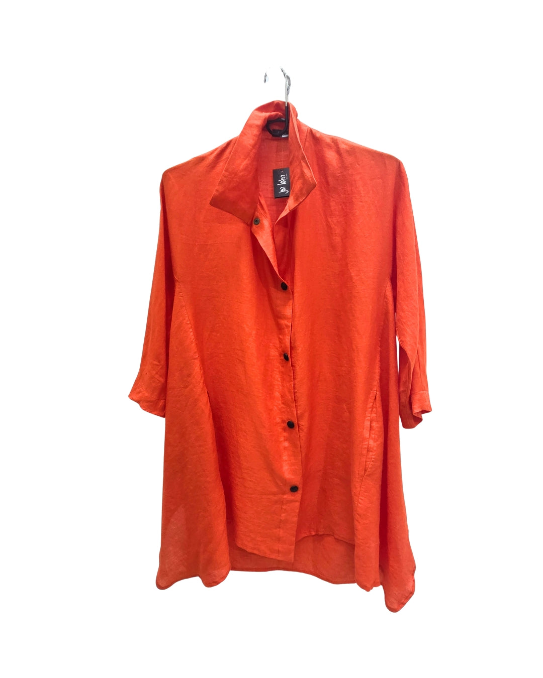 jen kahn Linen Shirt Dress in Tangerine made from pure linen with a classic shirt collar, button-through front and relaxed knee-length silhouette.