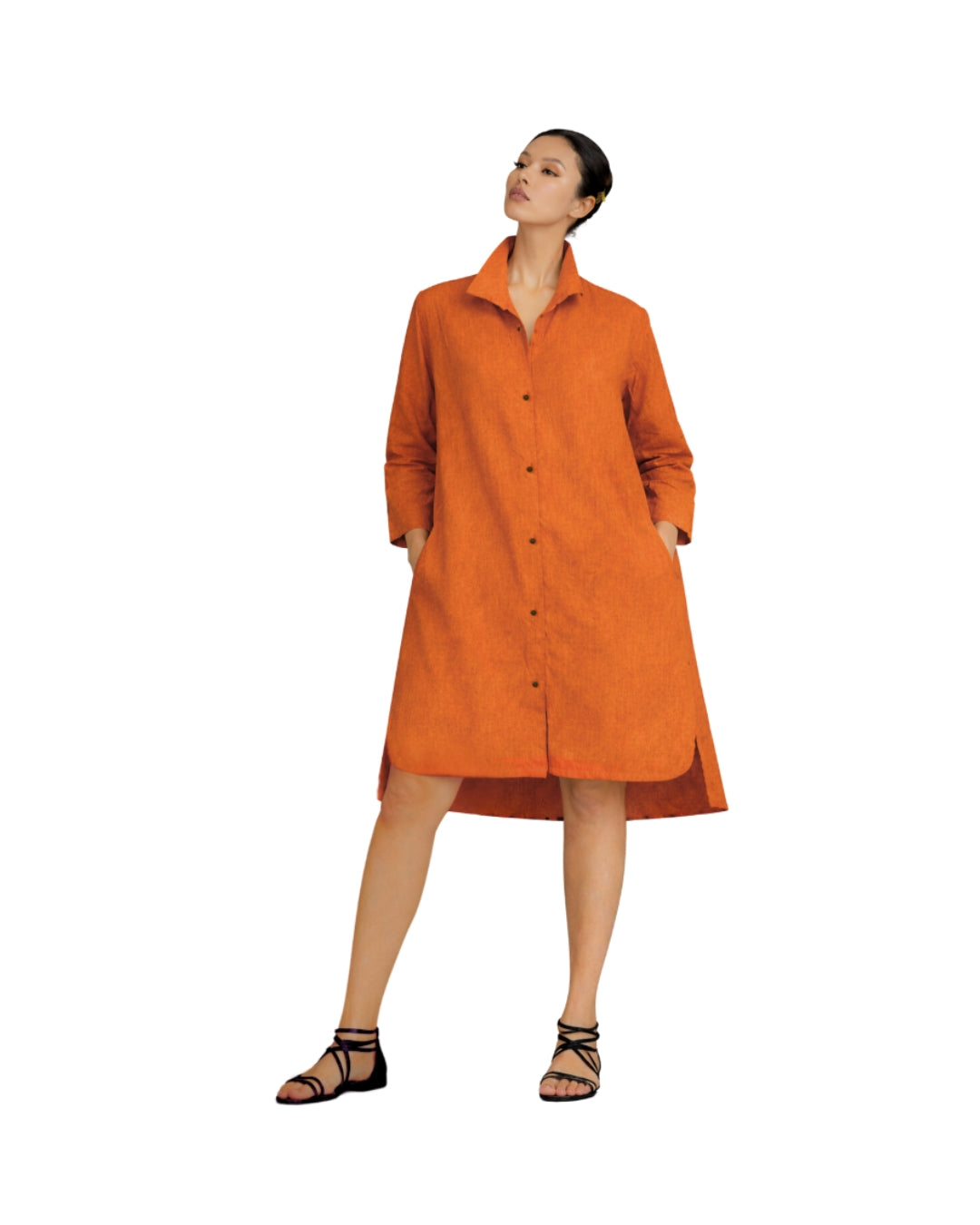 Jen Kahn linen shirt dress in longer mid-calf length worn on model.