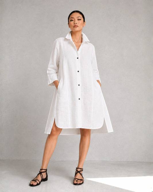 jen kahn Linen Shirt Dress in White pure linen with a classic shirt collar, button-through front, 3/4 sleeves and relaxed knee-length shape.