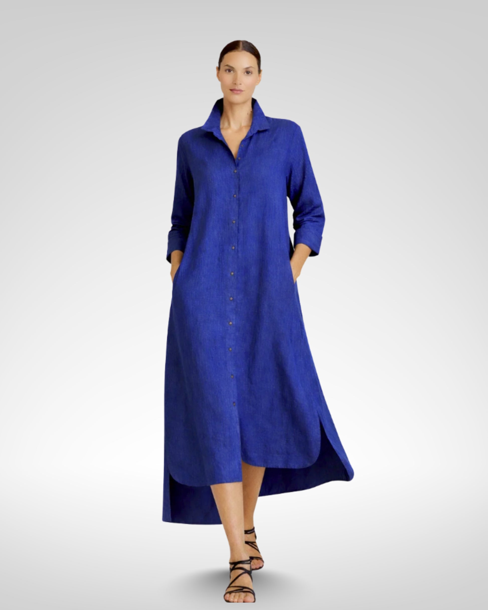 jen kahn Long Linen Shirt Dress in Indigo made from pure linen with a classic shirt collar, button-through front, long sleeves and a relaxed ankle-length silhouette.