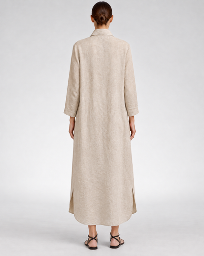Back view of the Jen Kahn Long Linen Shirt Dress in Natural, showing the shirt collar, long sleeves and relaxed ankle-length silhouette.