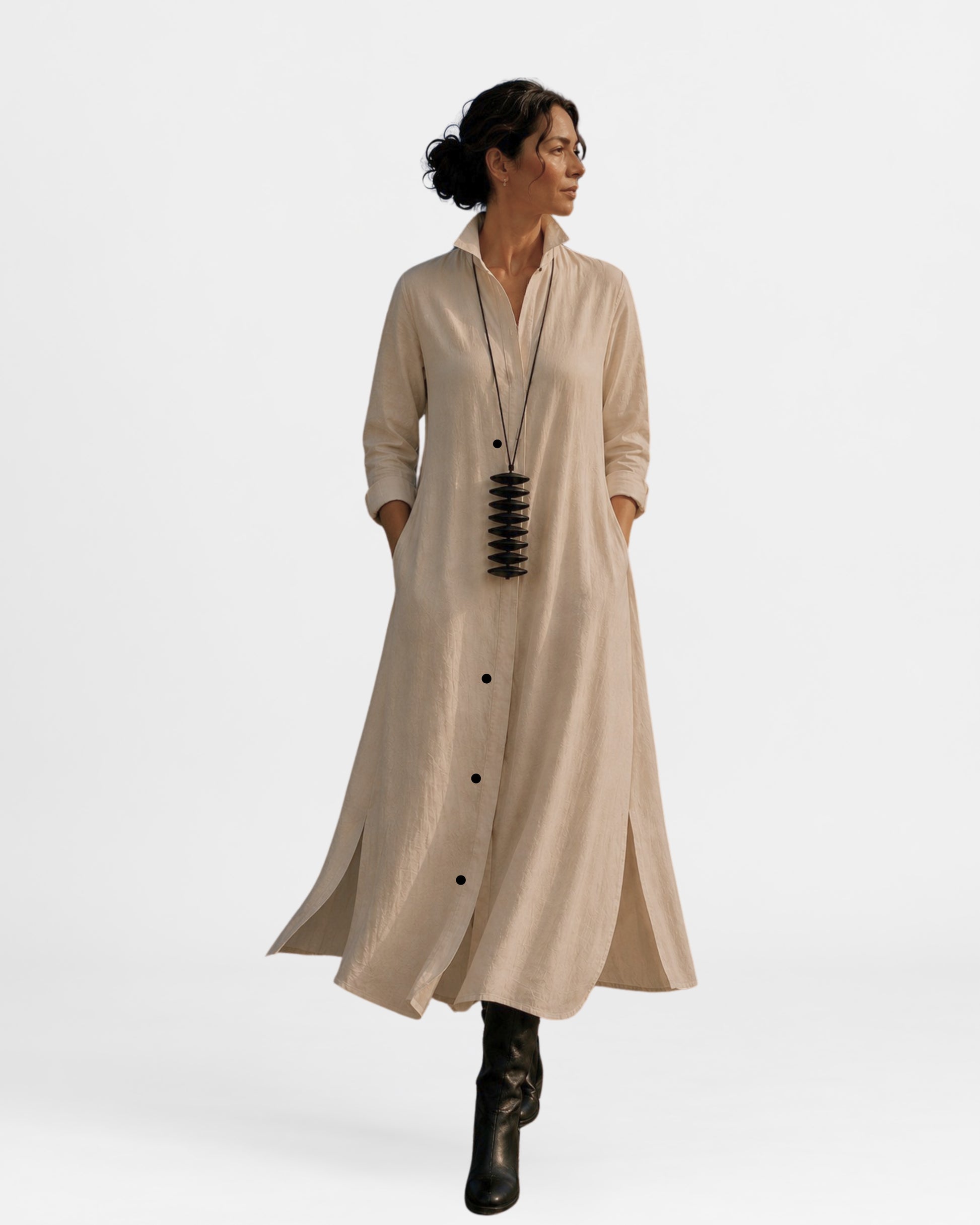 jen kahn Long Linen Shirt Dress in Natural made from pure linen with a classic shirt collar, button-through front, long sleeves and a relaxed ankle-length silhouette.