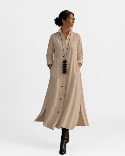 jen kahn Long Linen Shirt Dress in Natural made from pure linen with a classic shirt collar, button-through front, long sleeves and a relaxed ankle-length silhouette.