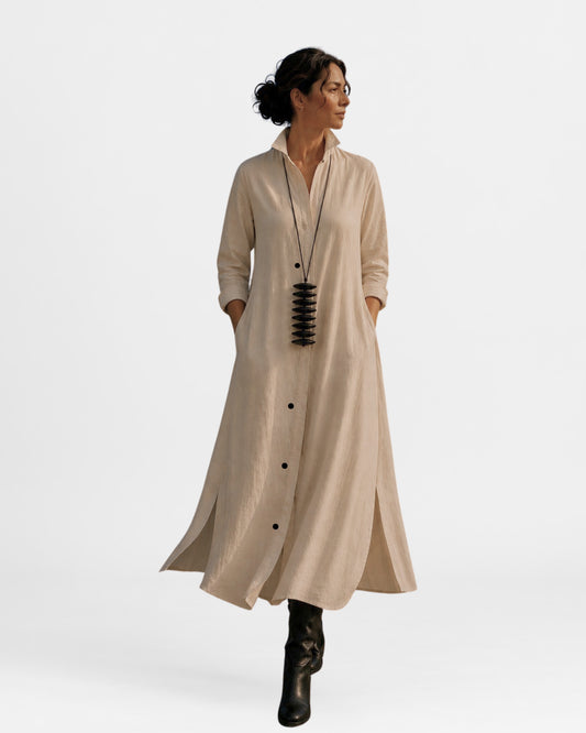 jen kahn Long Linen Shirt Dress in Natural made from pure linen with a classic shirt collar, button-through front, long sleeves and a relaxed ankle-length silhouette.