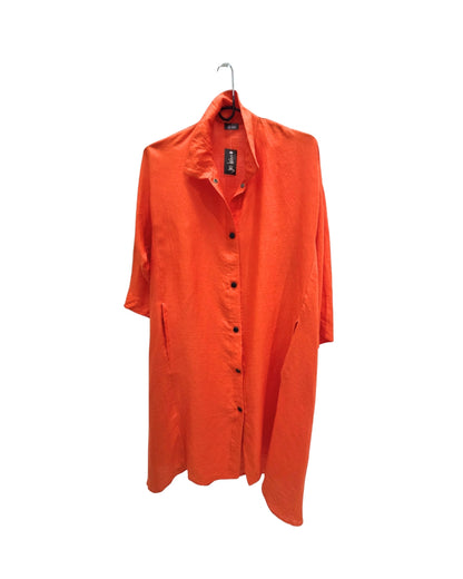 Front view of the Jen Kahn Long Linen Shirt Dress in Tangerine on a hanger, showing the shirt collar, black buttons, long sleeves and pockets.
