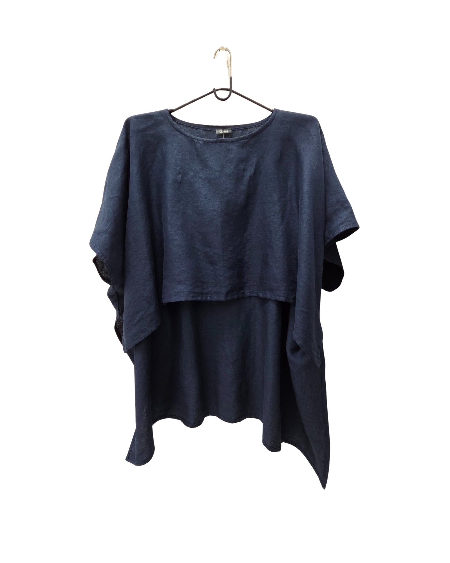 Jen Kahn long Tokyo linen tunic on a hanger with  short sleeves, hidden seam pockets and longer back hem in eclipse .