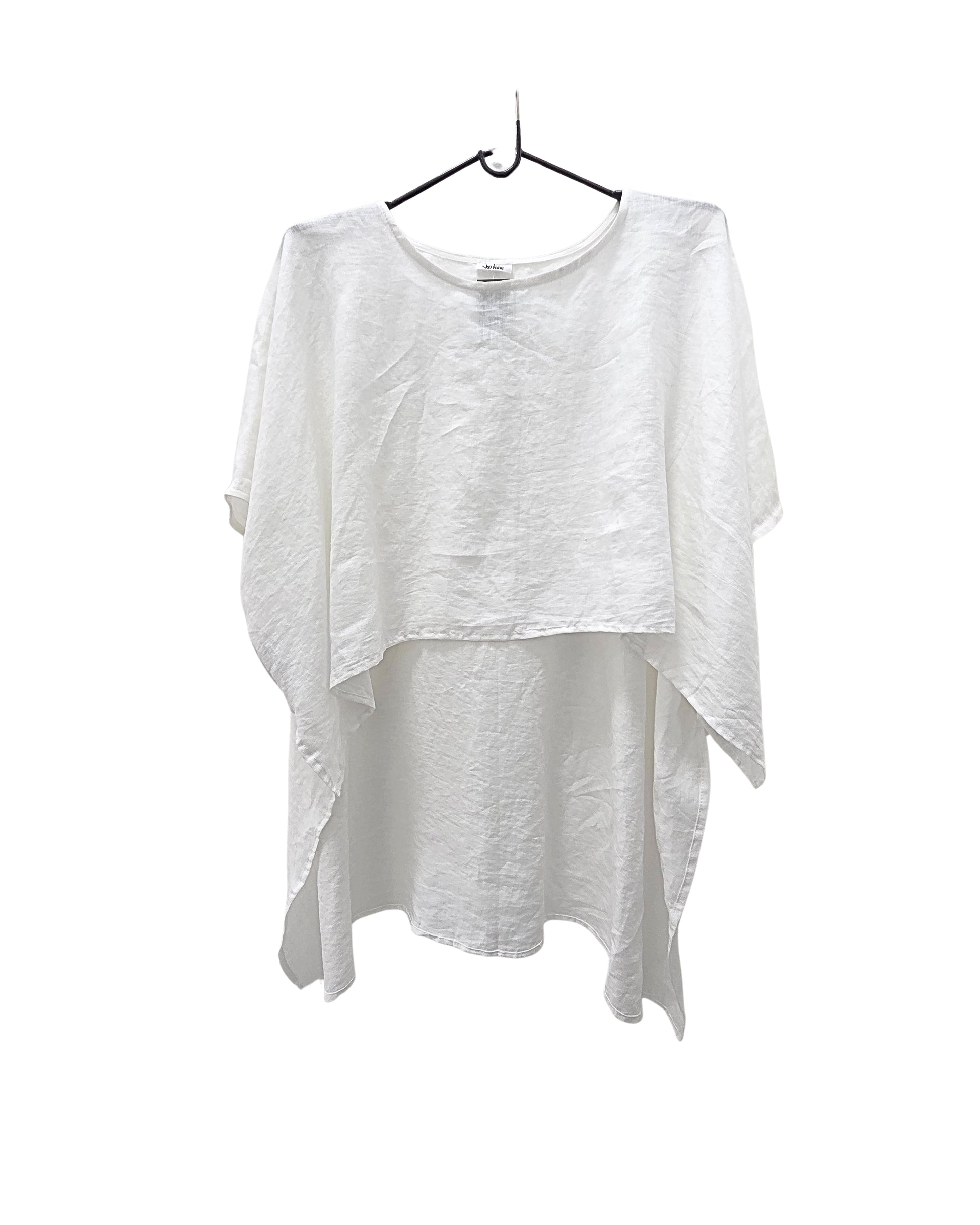 Jen Kahn long Tokyo linen tunic on a hanger with  short sleeves, hidden seam pockets and longer back hem in white.