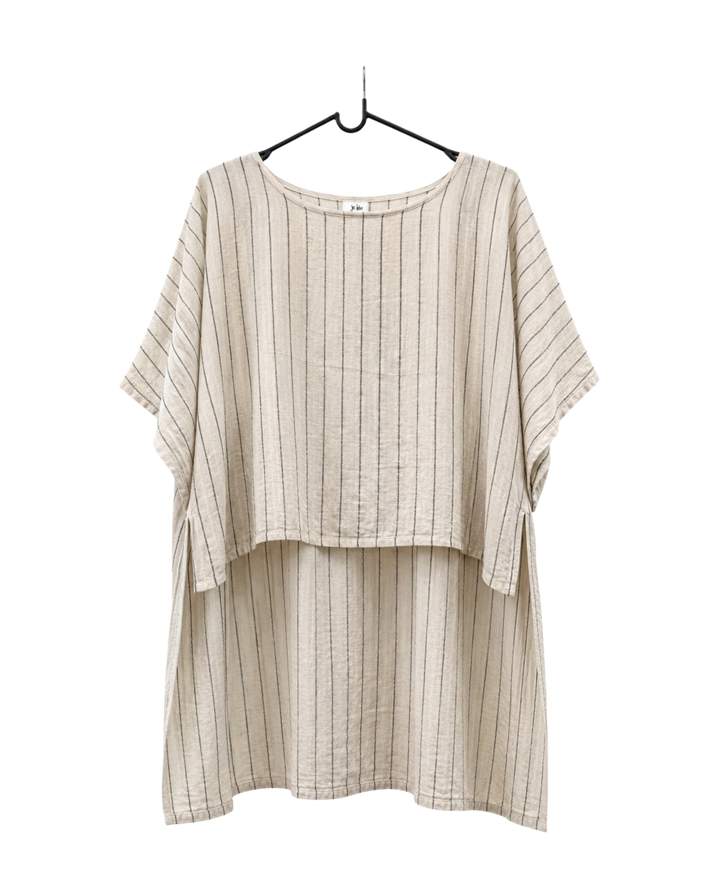 Jen Kahn long Tokyo linen tunic on a hanger with  short sleeves, hidden seam pockets and longer back hem in natural with black pinstripe.