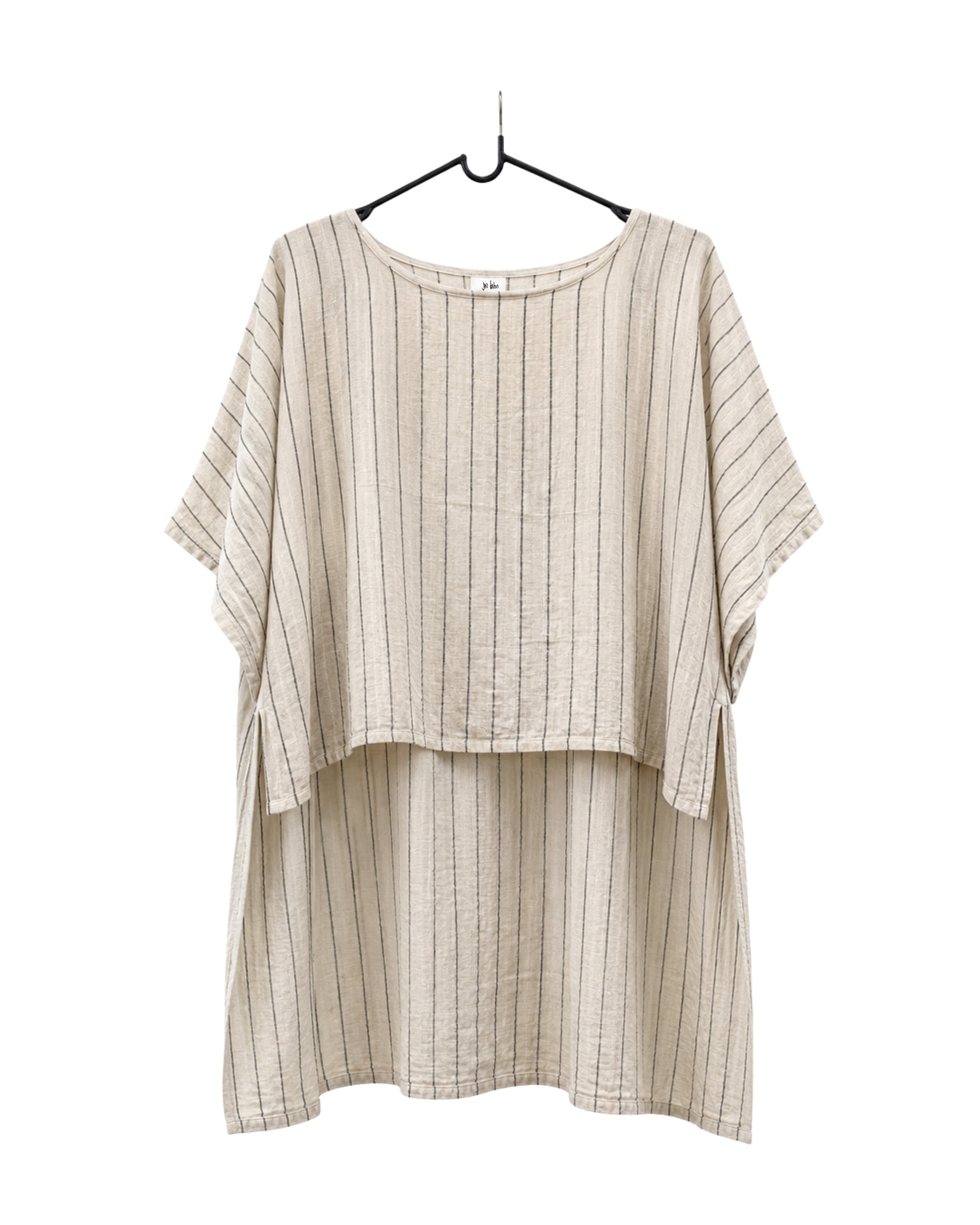 Jen Kahn long Tokyo linen tunic on a hanger with  short sleeves, hidden seam pockets and longer back hem in natural with black pinstripe.