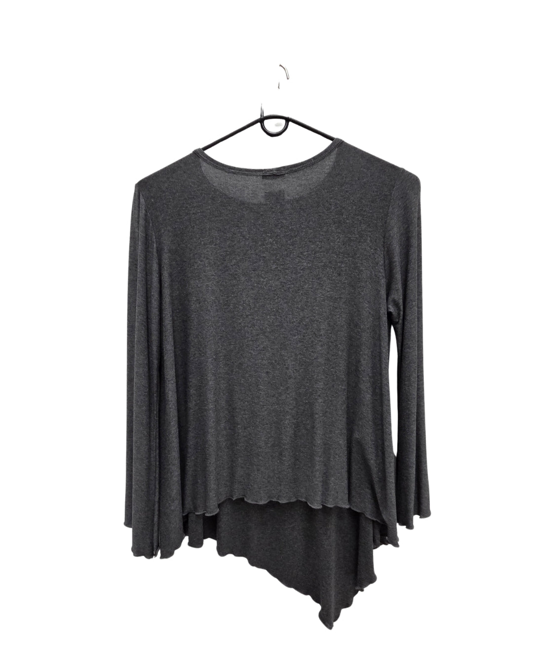 Jen Kahn back view of the charcoal pointed asymmetric jersey knit top with column print.