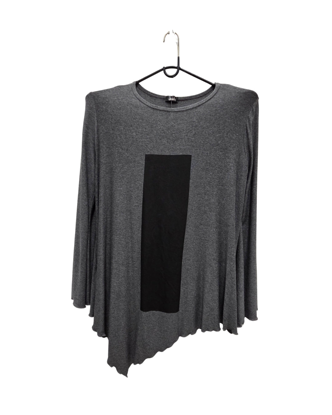 Jen Kahn charcoal pointed asymmetric jersey knit top with column print