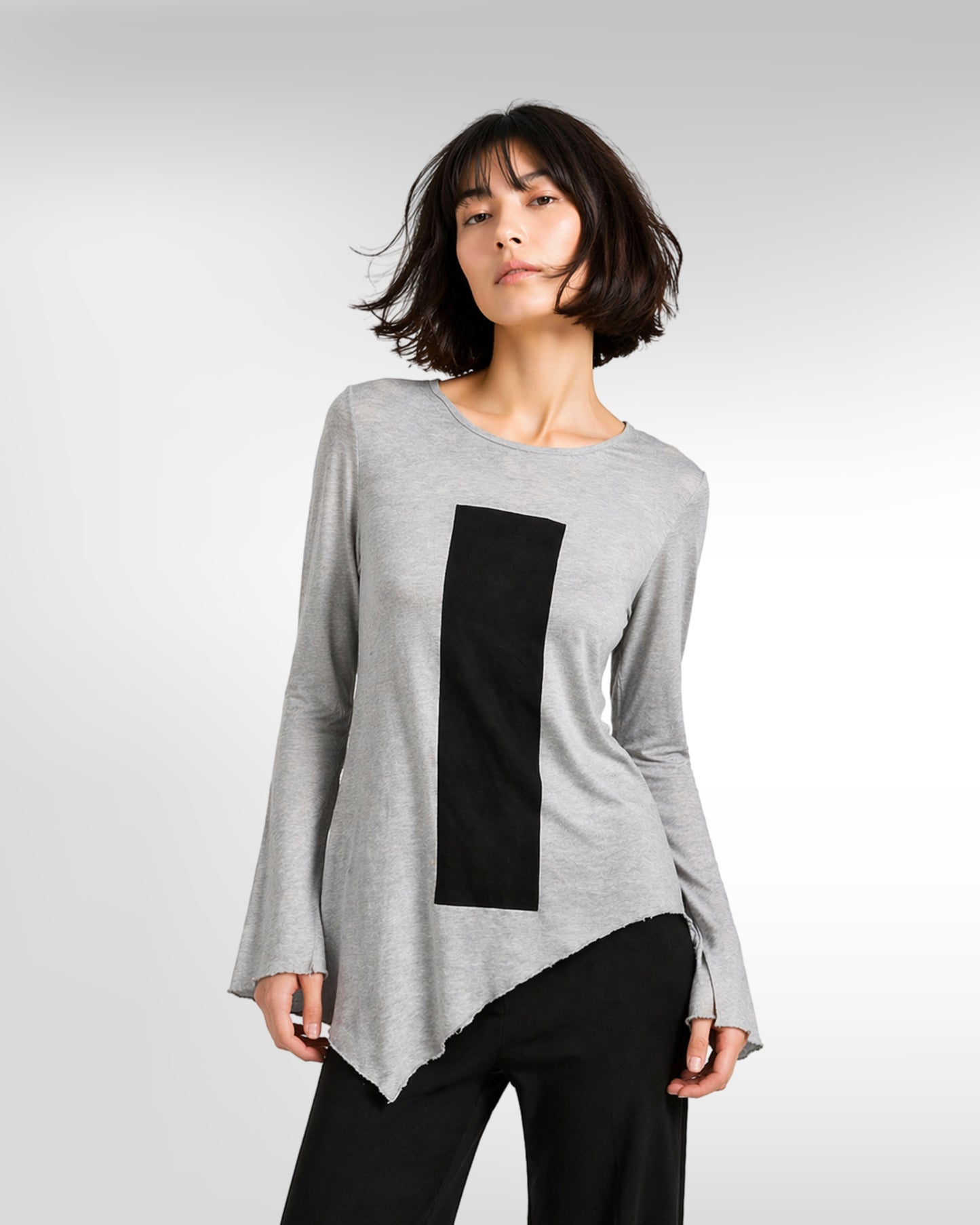 jen kahn Pointed Asymmetric Jersey Knit Top in Cloud with a black contrast front panel, asymmetric pointed hem and softly flared sleeves.