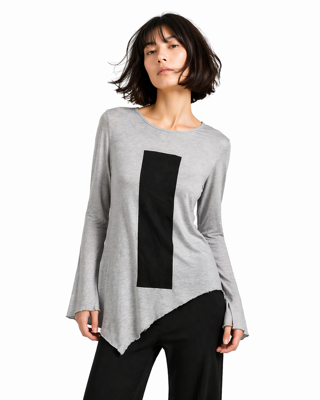 Jen Kahn cloud pointed asymmetric jersey knit top with column print