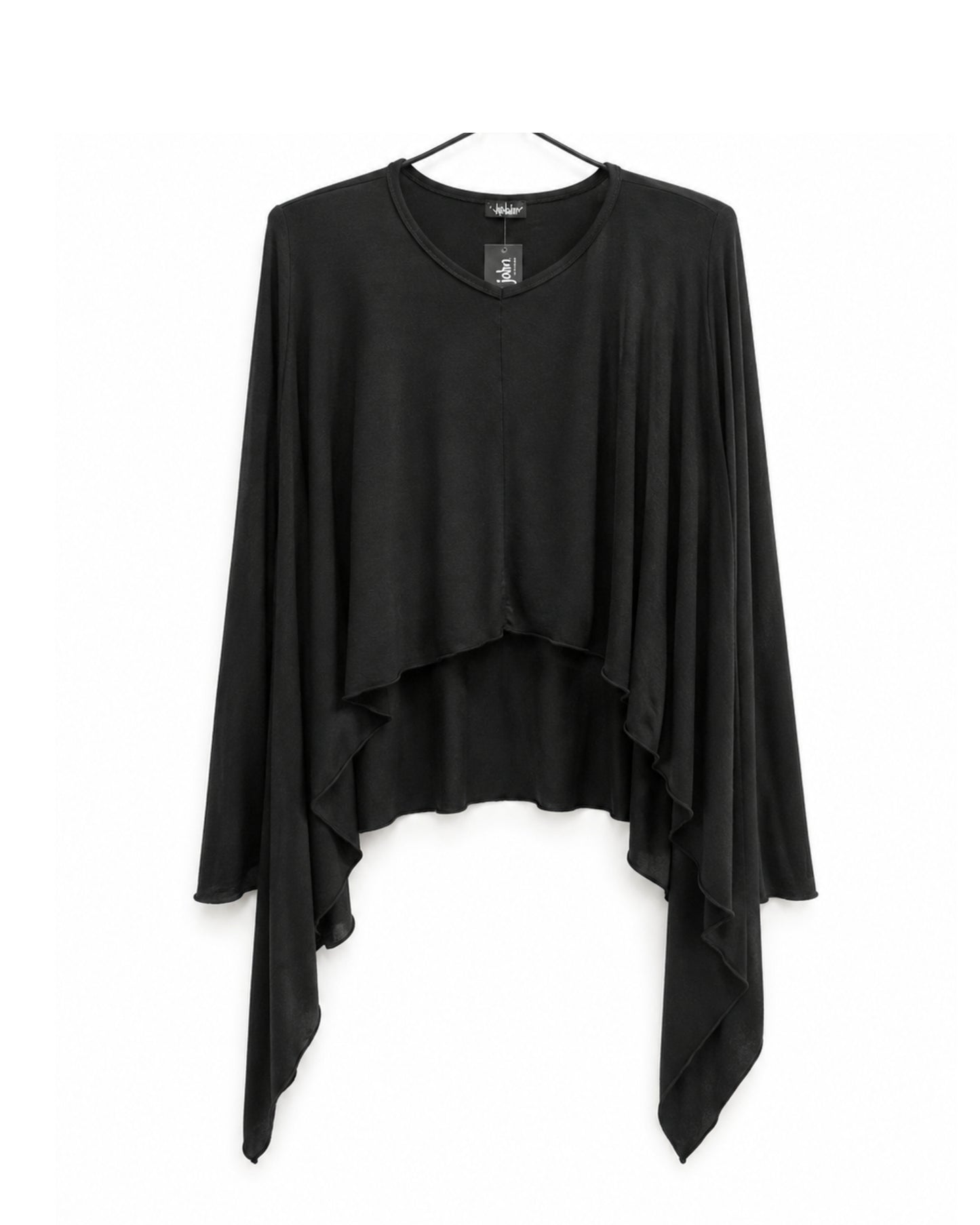 jen kahn Pointed Jersey Top in Black crafted from luxurious imported jersey knit with a V-neck, built-in mittens and an asymmetric draped hem.