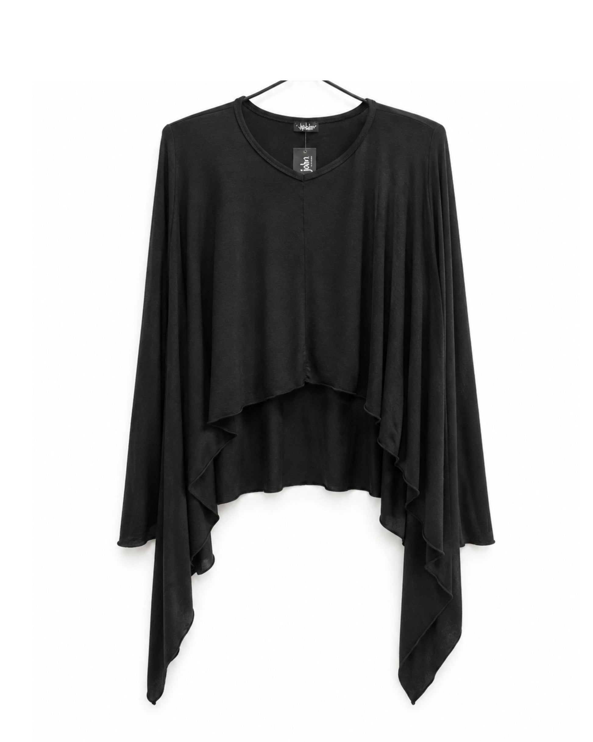 jen kahn Pointed Jersey Top in Black crafted from luxurious imported jersey knit with a V-neck, built-in mittens and an asymmetric draped hem.