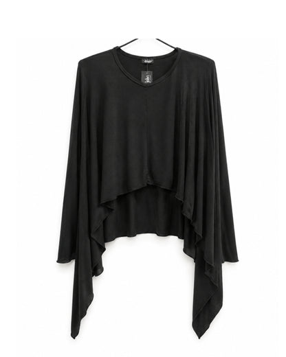 jen kahn Pointed Jersey Top in Black crafted from luxurious imported jersey knit with a V-neck, built-in mittens and an asymmetric draped hem.
