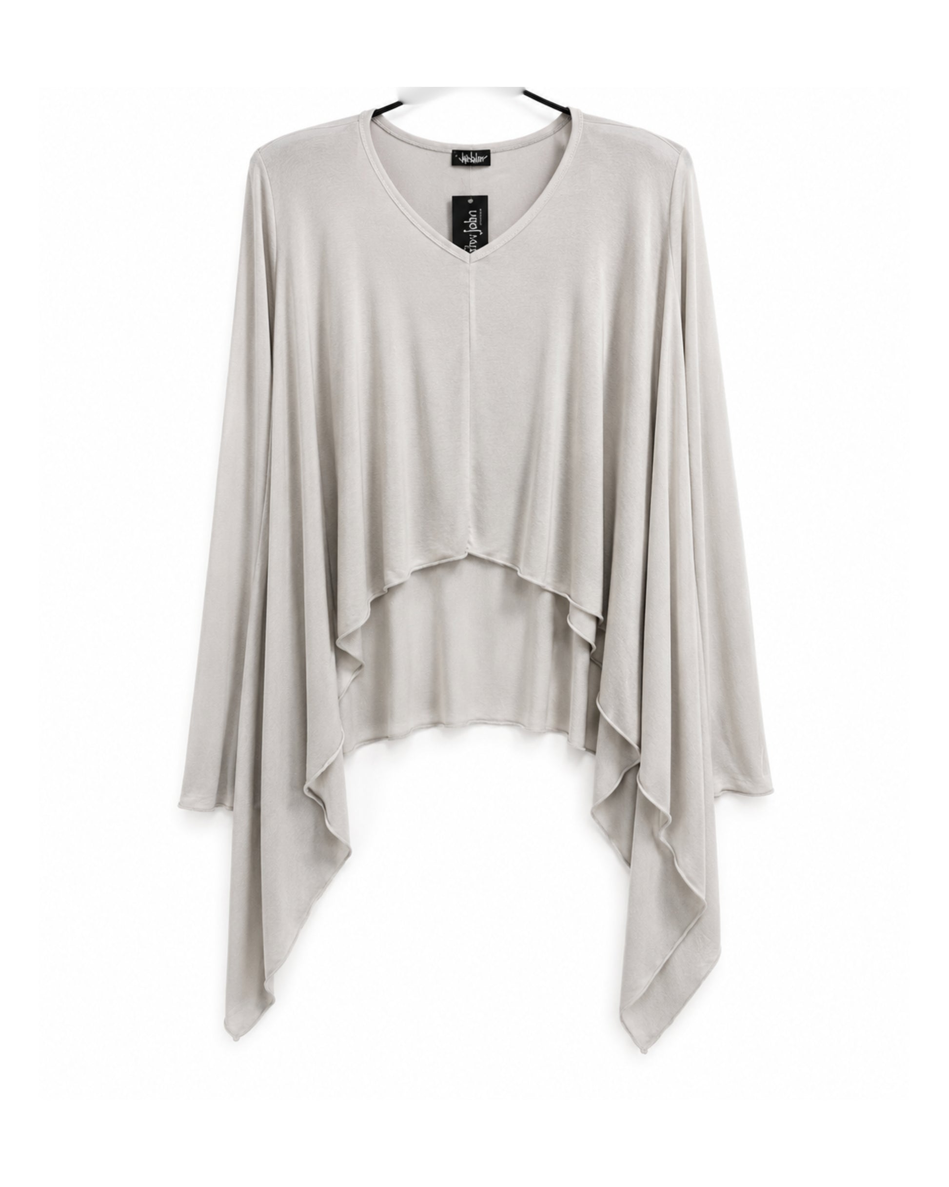 jen kahn Pointed Jersey Top in Stone crafted from luxurious imported jersey knit with a V-neck, built-in mittens and an asymmetric draped hem.
