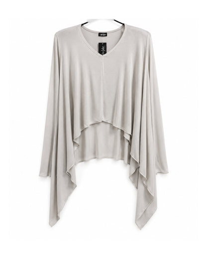 jen kahn Pointed Jersey Top in Stone crafted from luxurious imported jersey knit with a V-neck, built-in mittens and an asymmetric draped hem.