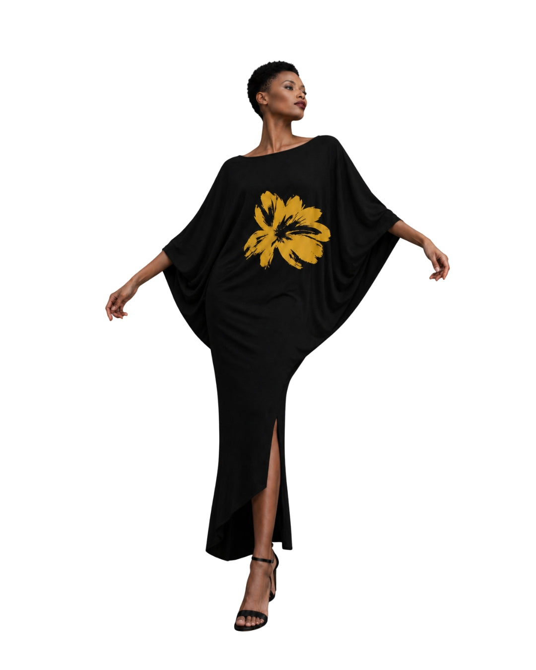 Jen Kahn printed batwing jersey dress in black with saffron floral print worn on model
