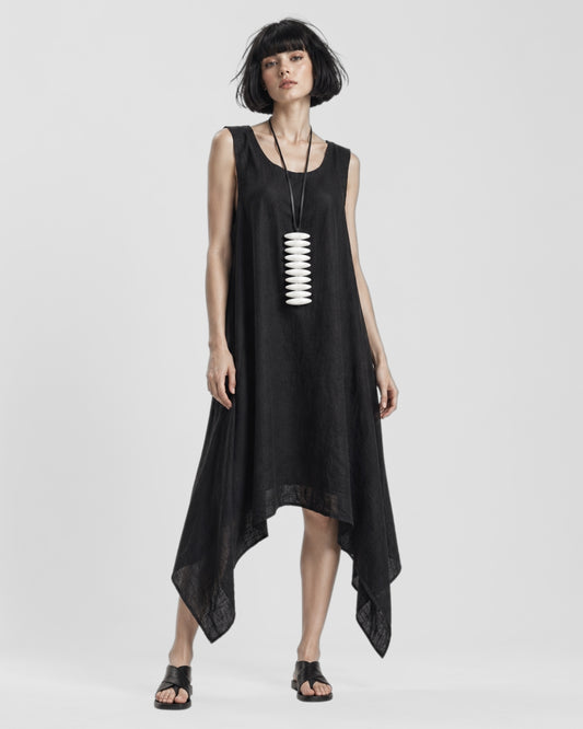 Jen Kahn Riviera Dress in black pure linen with sleeveless design and asymmetric handkerchief hem