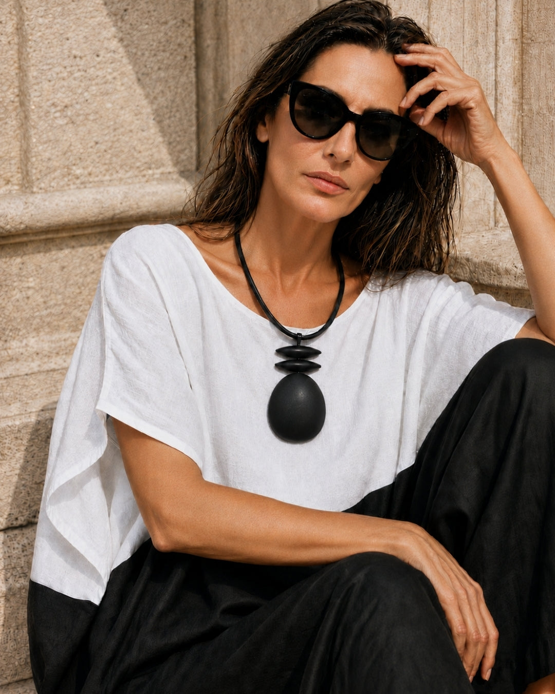 Jen Kahn Rubber Dome Choker black worn with black linen