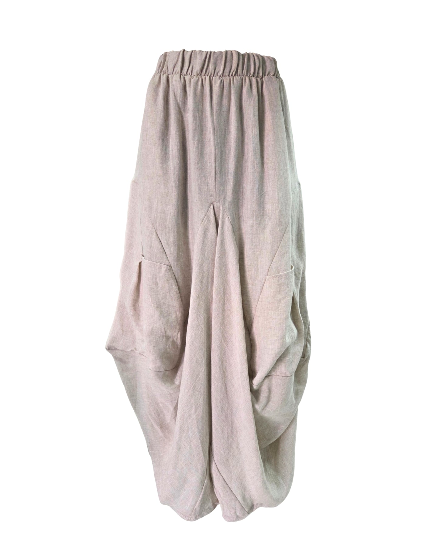 Jen Kahn Samurai Linen Pants in Natural made from pure linen with a relaxed barrel-leg silhouette, elasticated waistband and oversized patch pockets.