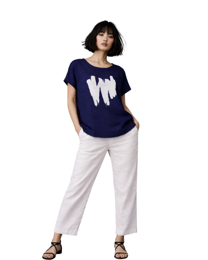 Jen Kahn Shadow Print Linen Top in Eclipse pure linen with contrasting white shadow print, soft cap sleeves and a relaxed hip-length shape.