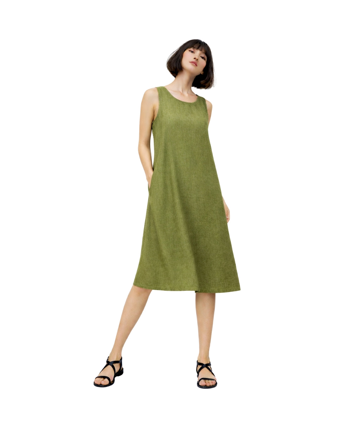 Jen Kahn short linen dress in pistachio worn on model with sleeveless design and knee-length hem