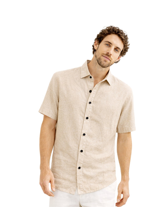 Jen Kahn Short Sleeved Linen Shirt in Naturalpure linen with a relaxed fit, classic collar, short sleeves and button-through front.