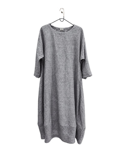 Jen Kahn Tokyo linen dress in grey mélange on a hanger, with a textured weave and relaxed cocoon shape.