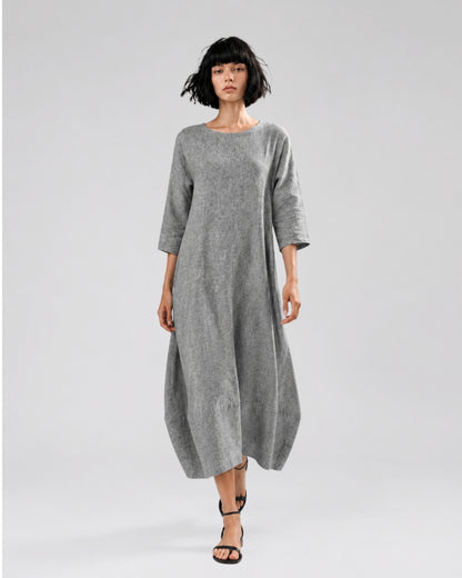 jen kahn Tokyo Linen Dress in Melange Grey pure linen with three-quarter sleeves and a softly shaped bell silhouette, shown on model.
