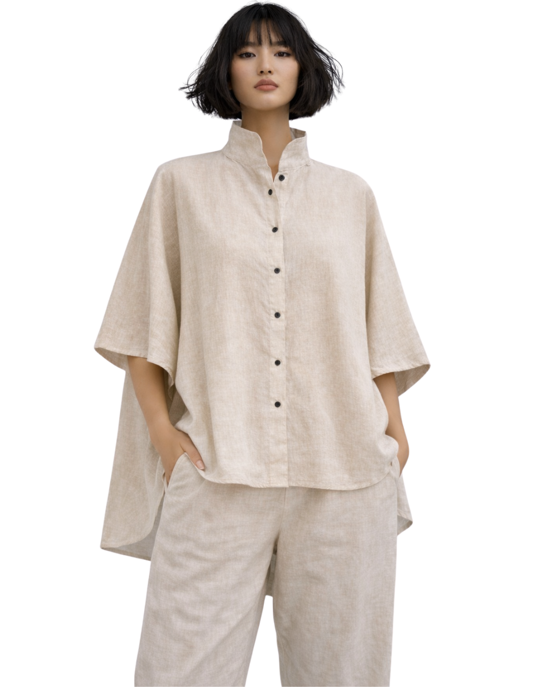 Jen Kahn Tokyo linen shirt in natural  with asymmetrical hem and relaxed fit worn on mode.
