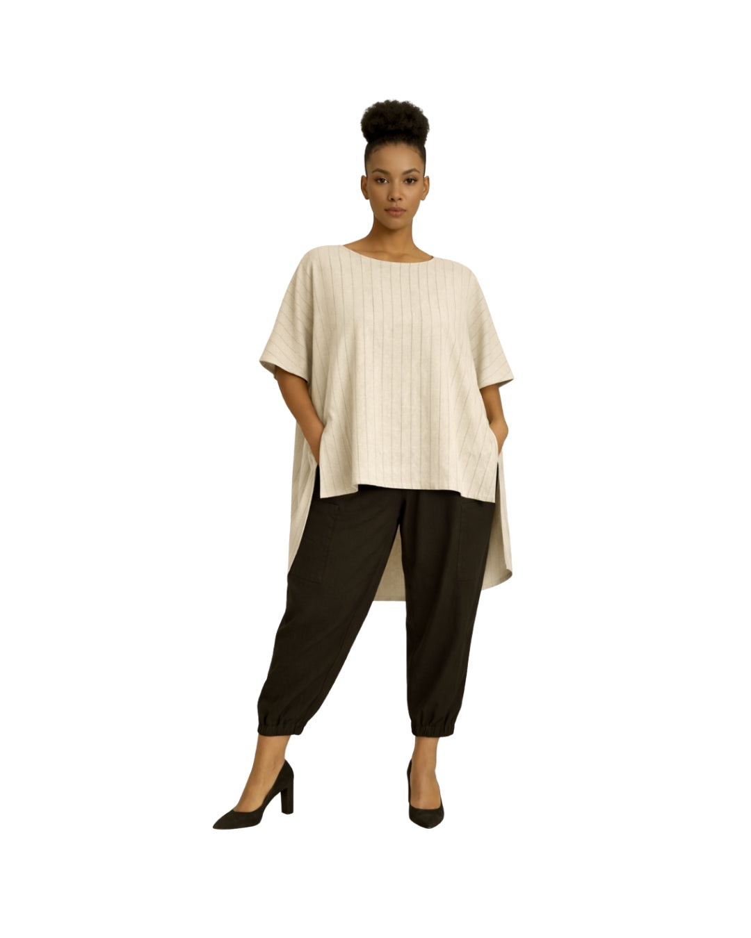 Jen Kahn Tokyo linen tunic in natural pinstripe worn on model with short built in sleeves, hidden seam pockets and longer back hem