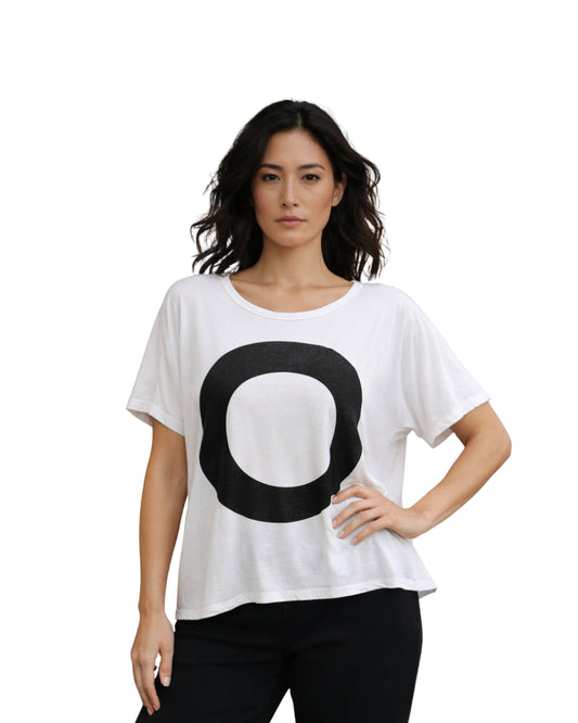 Jen Kahn Zen jersey knit top in black with white circular print and relaxed fit