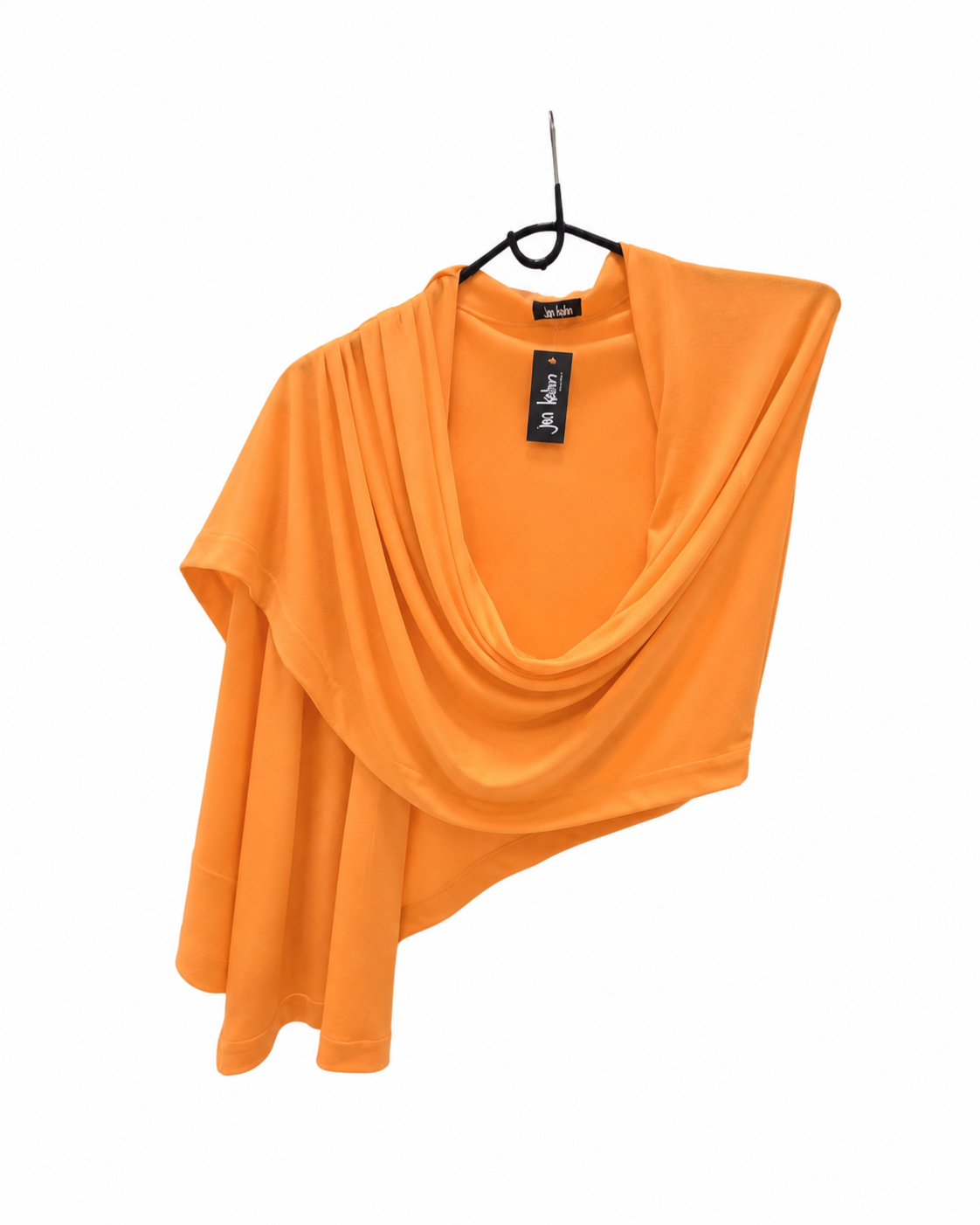 jen kahn Kimono Wrap in tangerine on hanger — wool mix wrap with single-sleeve  thrown over shoulder