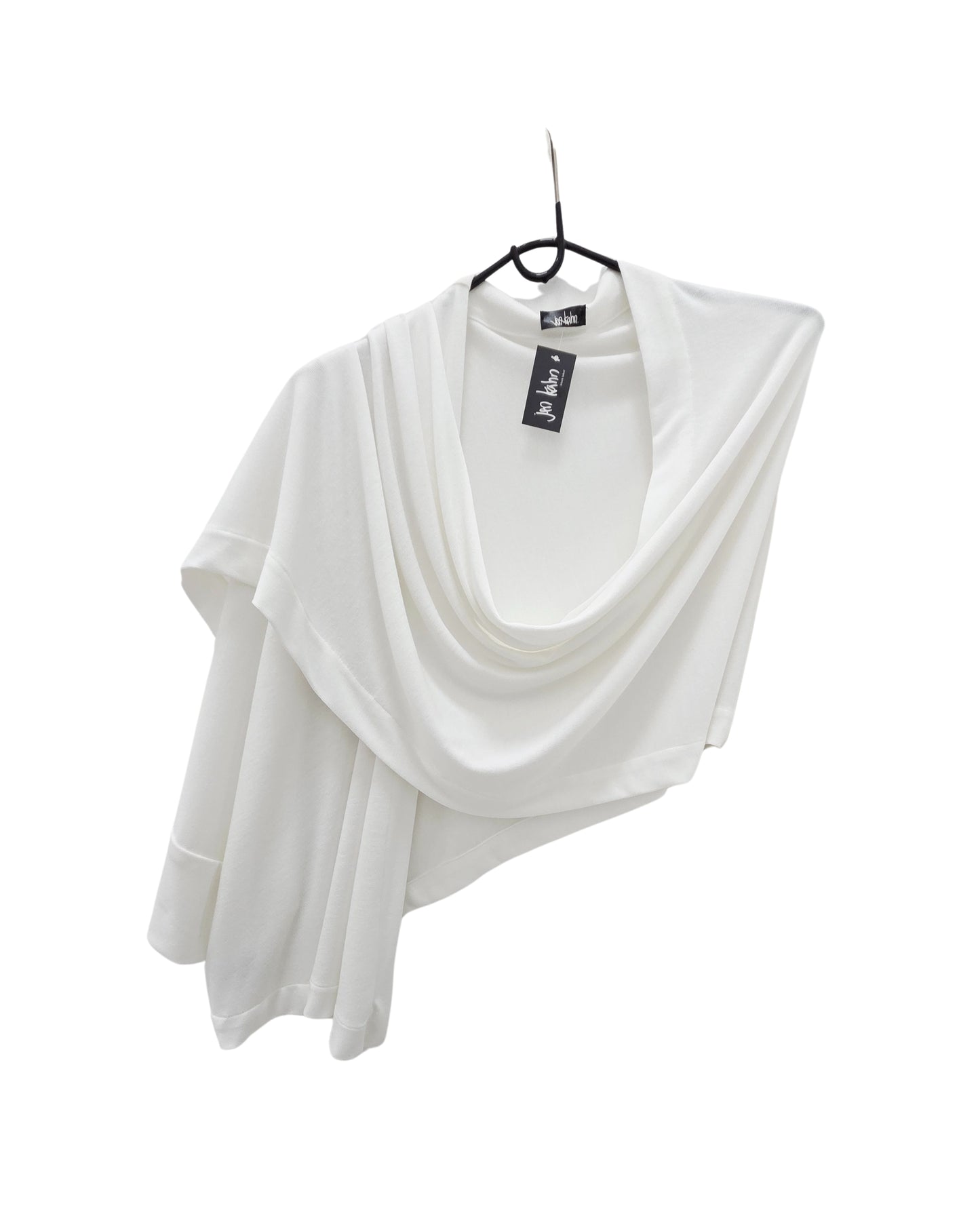 jen kahn Kimono Wrap in white on hanger — wool mix wrap with single-sleeve  thrown over shoulder