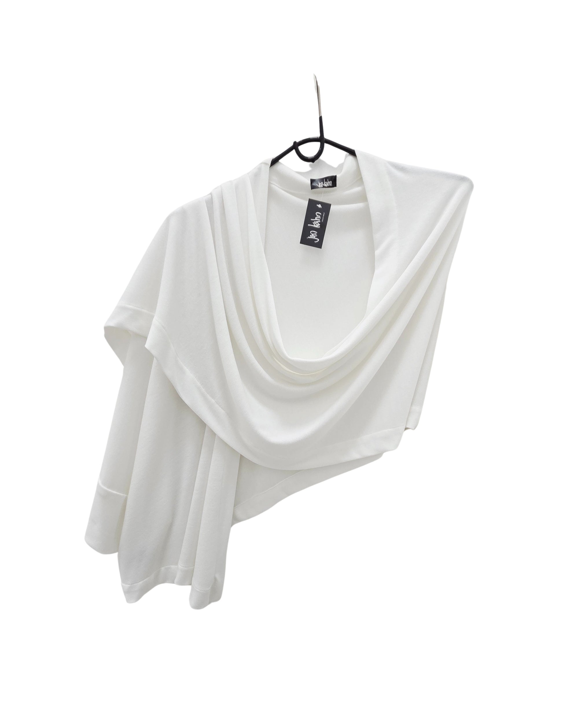 jen kahn Kimono Wrap in white on hanger — wool mix wrap with single-sleeve  thrown over shoulder