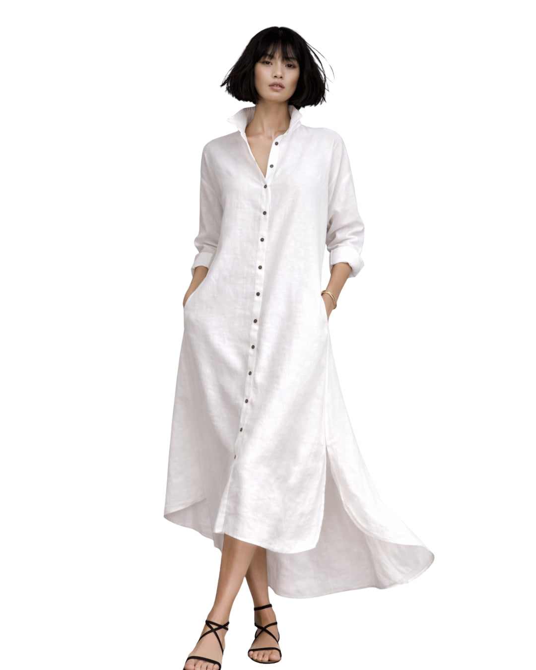 jen kahn Long Linen Shirt Dress in White made from pure linen with a classic shirt collar, button-through front and relaxed ankle-length silhouette.