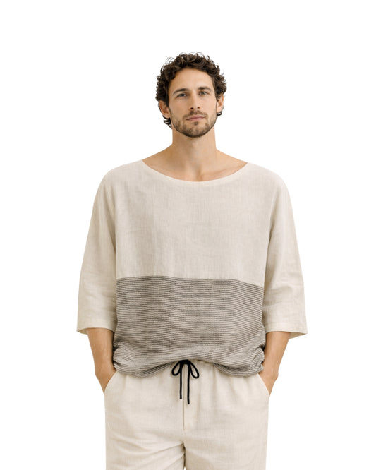 jen kahn blocked linen top in Natural — unisex colour-block pure linen top