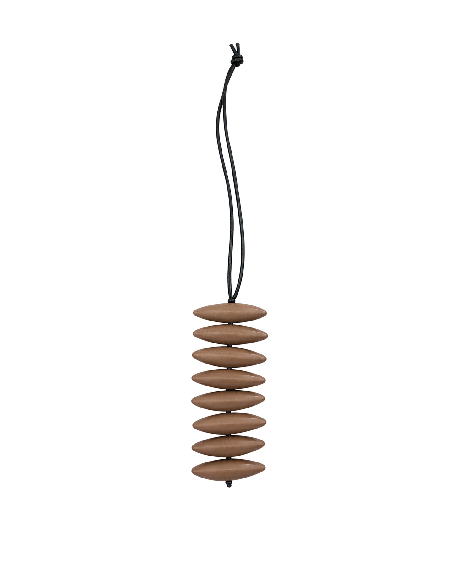 The jen kahn Assegai Pendant in gunmetal imported European resin beads suspended on a soft leather cord.