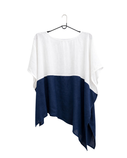 The jen kahn Blocked Linen Top in white and indigo pure linen displayed on a hanger.