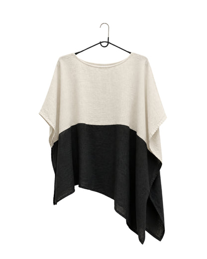 The jen kahn Blocked Linen Top in natural and black pure linen displayed on a hanger.